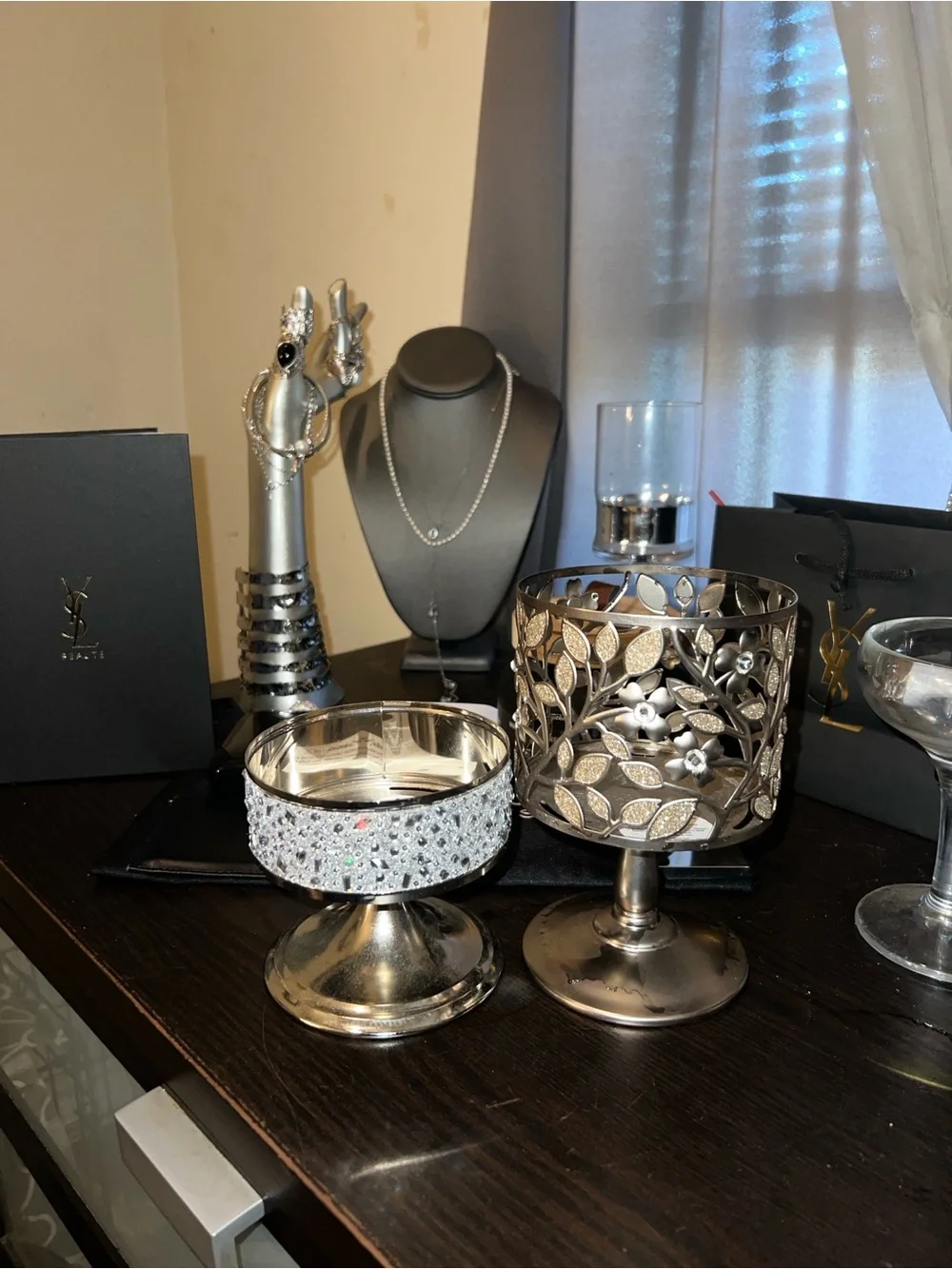 Bath & Body Works Silver Dogwood Candle Pedestal &Bejeweled Silver Candle Holder - Picture 14 of 15